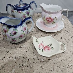 4 Pcs Floral Tea Set with Pink and Blue Accents
